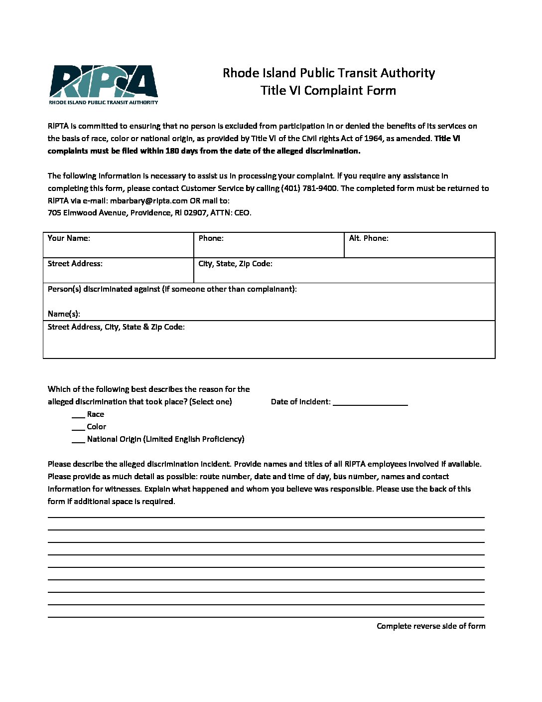 Title Vi Complaint Form Ripta